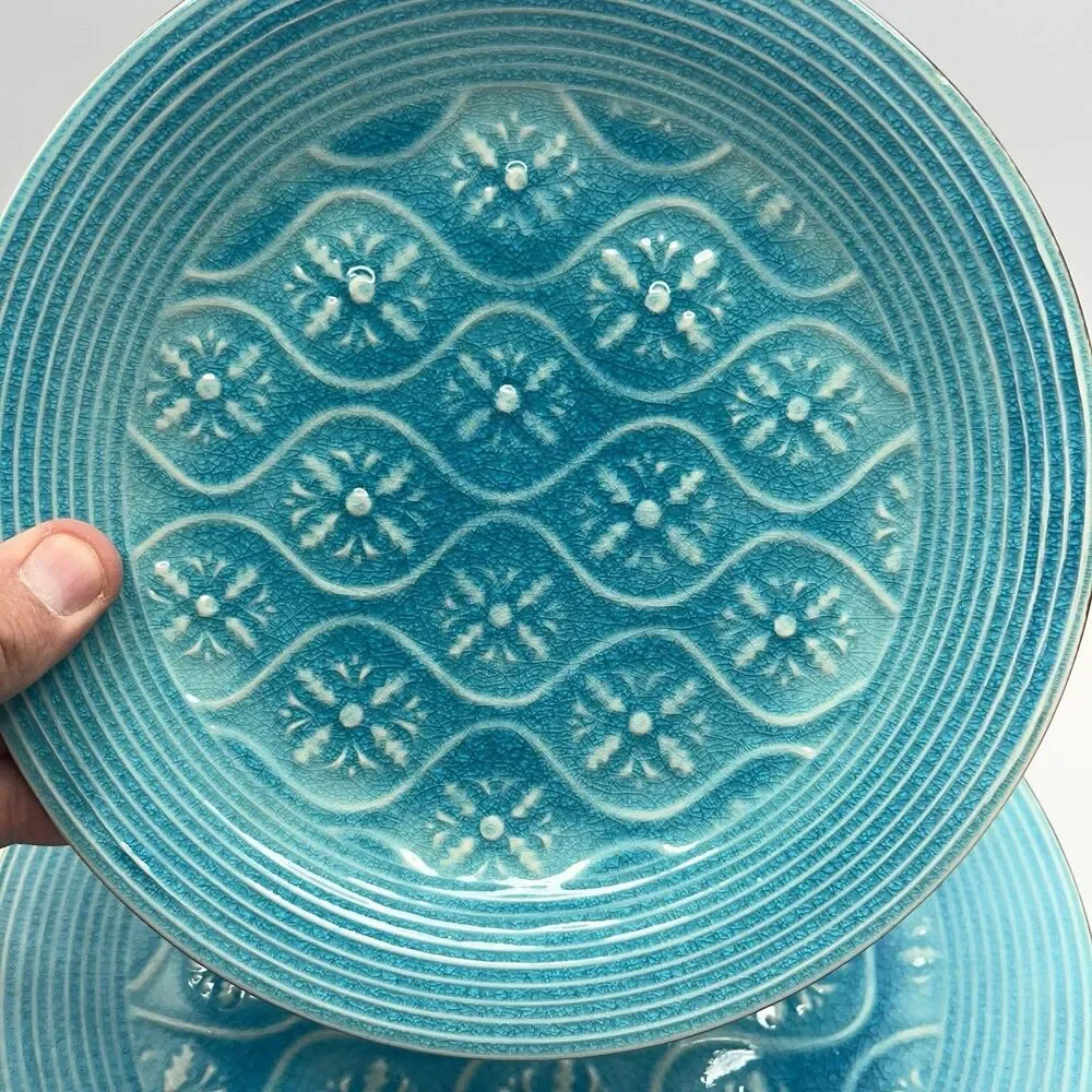 Vintage Set Pier 1 Turquoise Plate Crackle Pattern Stoneware Salad 8.5”  And 11”